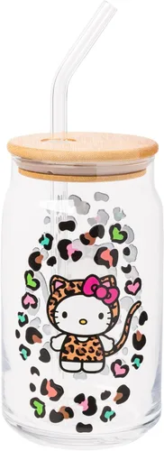 Miniatura 35 de Silver Buffalo Sanrio - Vaso de vidrio rosa con tapa de bambú y sorbete de vidrio de Hello Kitty, 16 onzas Hello Kitty Agitando