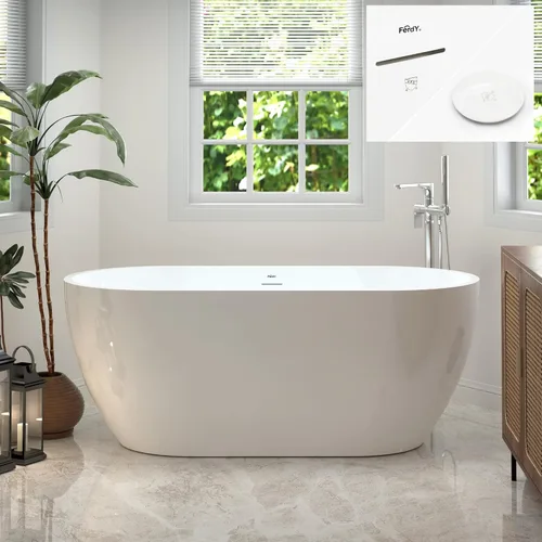 Miniatura 29 de FerdY 59" Bañera de acrílico independiente Bali Elite, bañera independiente de inmersión con forma elegante, certificada cUPC, desagüe negro Toe-Tap