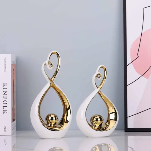 Miniatura 4 de DOVDOV Arte moderno para decoración del hogar, juego de 2 piezas de escultura abstracta de cerámica, decoración de habitación blanca y dorada
