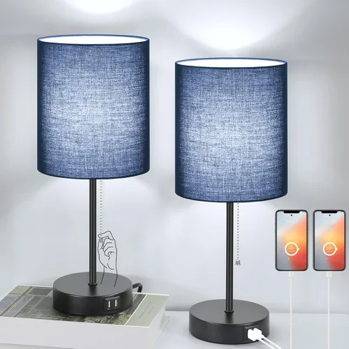 Miniatura 10 de Juego de 2 lámparas de mesa con puertos de carga USB, lámparas de noche blancas con salida de CA, lámparas de mesita de noche con interruptor