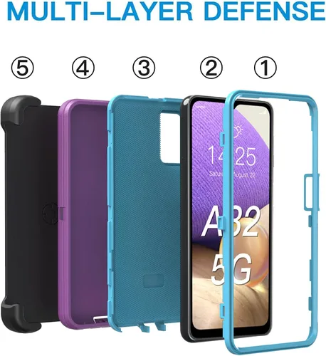 Miniatura 5 de Funda resistente para Galaxy A32 5G, no compatible con 4G, con clip, a prueba de golpes, a prueba de caídas, polvo, morado y azul cielo