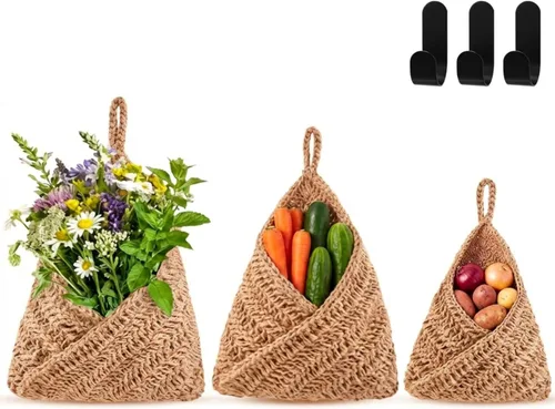 Miniatura 30 de Honeydak Cestas colgantes de pared bohemias para cocina, paquete de 3 cestas de lágrima con ganchos, almacenamiento de frutas, cebollas, verduras