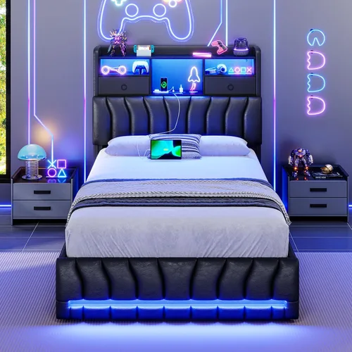 Miniatura 9 de DICTAC Estructuras de Cama Gemela con Cabecera de Almacenamiento y 2 Cajones Grandes, Cama Gaming con Luces RGB y Estación de Carga, Cama