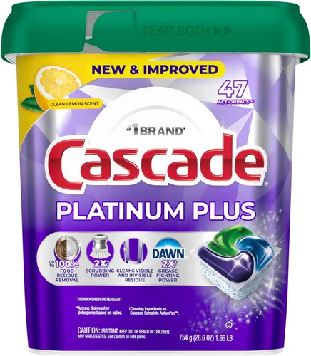 Miniatura 10 de Cascade Platinum Plus Cápsulas para lavavajillas, detergente para lavavajillas, jabón detergente para platos, limón, 47