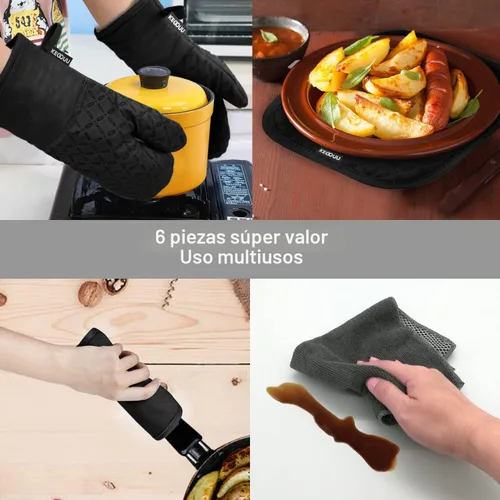 Miniatura 7 de KEGOUU Juego de 6 manoplas para horno y soportes para ollas, guantes para horno de cocina, resistentes al calor, 500 grados, extra largos, Negro