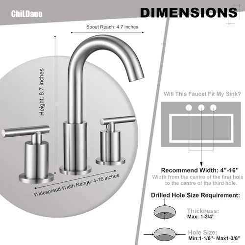 Miniatura 2 de Grifo de baño extendido con desagüe de lavabo y manguera de suministro, grifo de níquel cepillado de 3 orificios para lavabo de baño, grifo de baño
