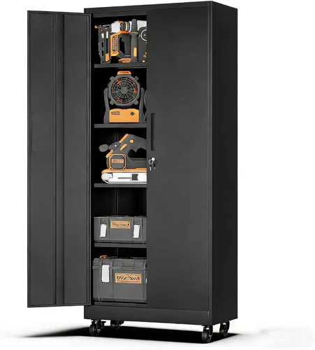 Miniatura 15 de Armario de almacenamiento de metal para garaje con ruedas, gabinete rodante con cerradura para herramientas con cajón y estantes, gabinete móvil