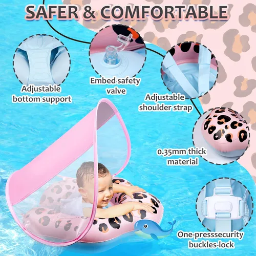 Miniatura 3 de Baby Pool Float, Leopard Toddler Pool Float Baby Float with Canopy, Infant Pool Floats for Kids 6-36 Months(18-33 lbs)