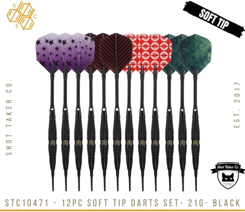 Miniatura 2 de Shot Taker Co. - Juego de dardos de punta suave, 12 piezas con 100 puntas de dardos adicionales, 24 protectores de vuelo y llave para tablero