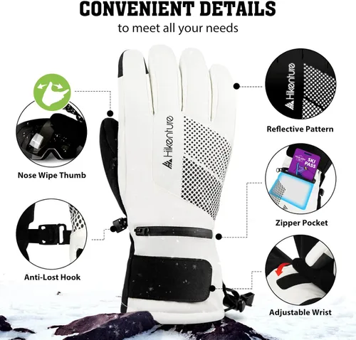 Miniatura 5 de Hikenture Guantes de esquí con Thinsulate 3M, guantes de nieve extra cálidos para hombres y mujeres, guantes de snowboard impermeables aislados