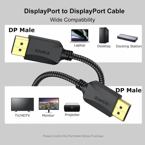 Miniatura 3 de Cable DisplayPort a DisplayPort de 1.5 pies, paquete de 2 adaptadores de puerto de pantalla DP delgado macho a macho trenzado 4K, 2 k@165 Hz/144