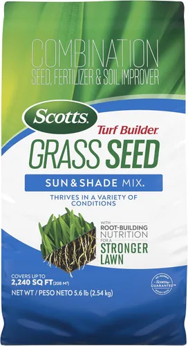 Scotts – Mezcla de semillas de césped Turf Builder Sun & Shade con fertilizante y mejorador de suelo, prospera en diversas condiciones, 5.6 libras