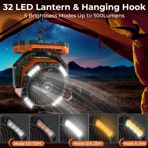 Miniatura 5 de 68HRS - Ventilador de campamento para correr con luz, batería recargable de 20000 mAh, potentes 4 velocidades y oscilación automática, con Naranja