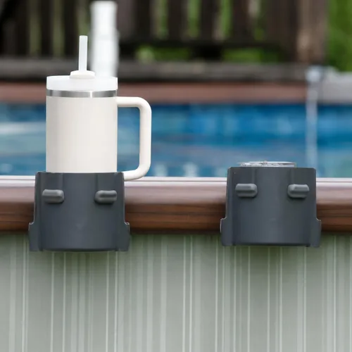 Paquete de 2 portavasos junto a la piscina para piscinas cuadradas sobre el suelo, ajuste ajustable para bordes anchos, agarres de silicona Gris