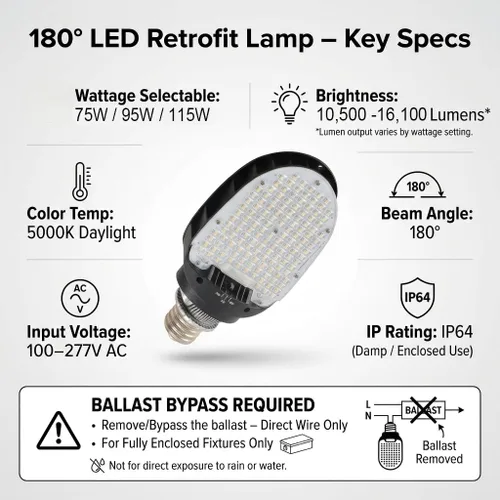 Miniatura 3 de Bombilla LED de reacondicionamiento de pala, 75 W/95 W/115 W de potencia seleccionable, 16,100 lm 5000 K luz diurna, base Mogul E39, reemplazo