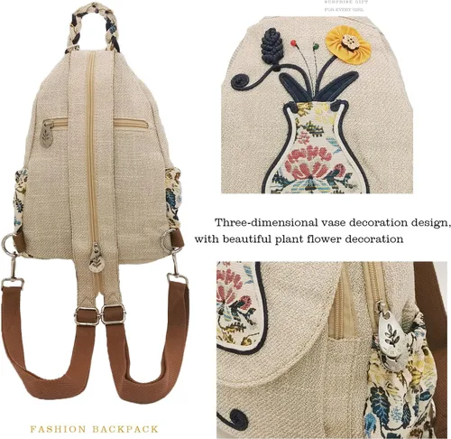 Miniatura 119 de HUANGGUOSHU Mochila de algodón tejida de algodón bohemio con bordado de lona estilo bohemio con múltiples bolsillos retro linda mochila cartera