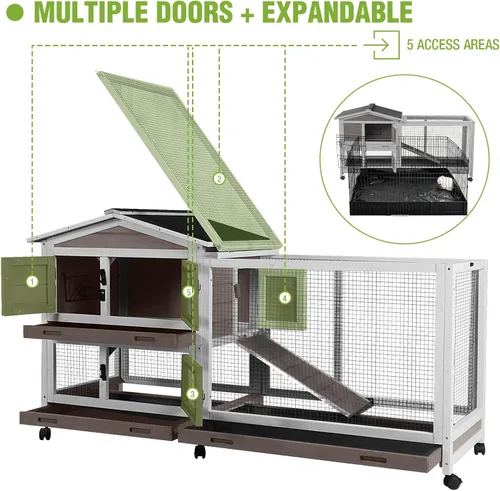 Miniatura 6 de GUTINNEEN 2-Story Rabbit Hutch for 2-4 Rabbits - Wooden Guinea Pig Cage with 6 Wheels, 3 Pull-Out Trays & Waterproof Asphalt Roof, Indoor Outdoor