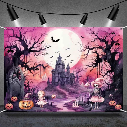 Miniatura 2 de Pancarta de fondo rosa de Halloween, bruja espeluznante, decoración de fiesta de cumpleaños de Halloween, fantasma rosa y negro, decoración de pared