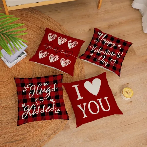 Miniatura 2 de Juego de 4 fundas de almohada de 16 x 16 pulgadas, diseño de corazón rojo con diseño de corazón de amor, fundas de almohada de aniversario de boda