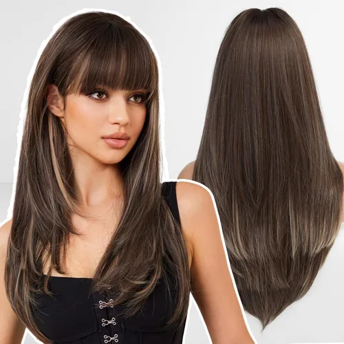 Miniatura 8 de Pelucas rubias cenizas para mujer, peluca larga recta en capas con flequillo, cabello sintético natural con raíces oscuras