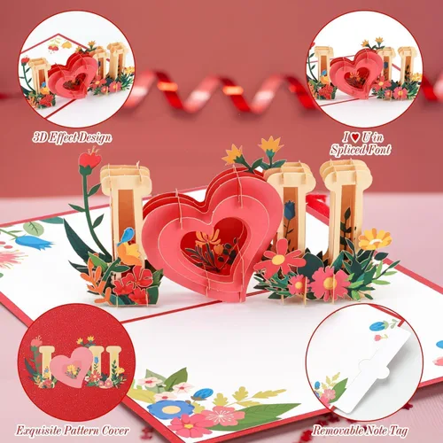 Miniatura 3 de Tarjetas de felicitación de cumpleaños desplegables, tarjetas 3D con texto en inglés "I Love You" para cumpleaños, día de San Valentín, día