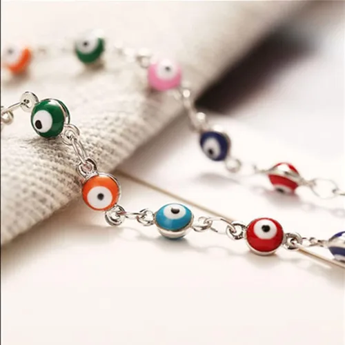 Miniatura 7 de Tobillera de ojo malvado de plata con cuentas de mal de ojo, joyería de pie de moda para la playa para mujer, Plata
