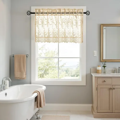 Miniatura 6 de Kotile - Cenefa de encaje beige para ventanas de estilo rústico campestre con diseño floral de vid, fondo ondulado, cenefa transparente de encaje