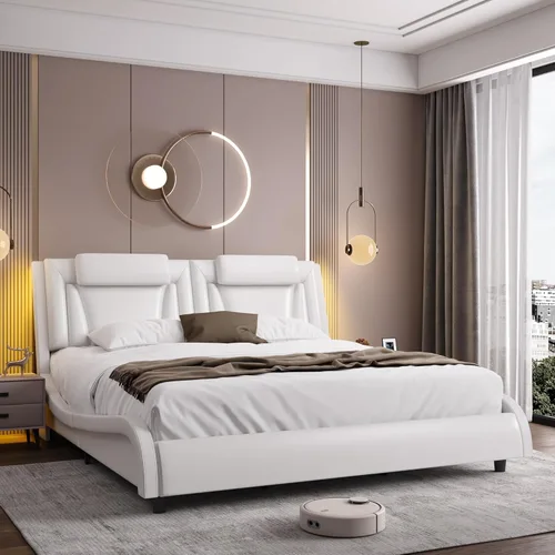 Miniatura 10 de Keyluv Armazón de cama moderno tapizado con plataforma con cabecera LED ajustable y diseño de curva ondulada y soporte de listones de madera sólida