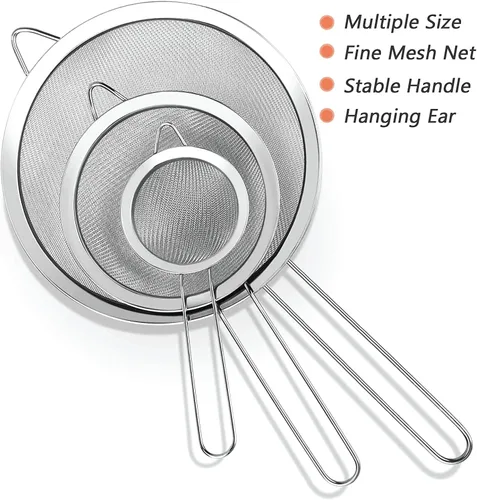 Miniatura 5 de Juego de 3 coladores de malla fina con mango para cocina, tamaños de 7 pulgadas, 4.7 pulgadas, 3.3 pulgadas, acero inoxidable 304 fácil de limpiar