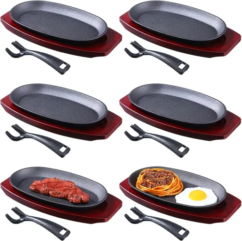 Miniatura 8 de Mifoci Juego de 12 sartenes ovaladas de hierro fundido para fajita, plato pequeño para carne chisporroteante con base de madera y mango, sartén