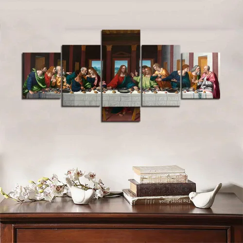 Miniatura 4 de The Last Supper - Pintura sobre lienzo para pared de sala de estar, 5 piezas, arte de pared de la última cena, retro, vintage, de madera, moderno