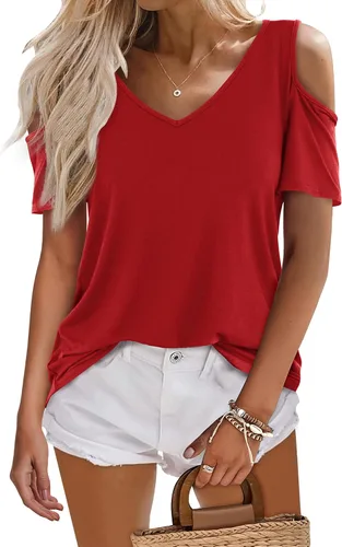 Miniatura 3 de Amoretu Camisas de manga corta para mujer, con hombros descubiertos, cuello en V, túnica