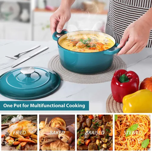 Miniatura 6 de LIANYU Horno holandés de hierro fundido esmaltado, olla redonda de 3 cuartos con tapa, utensilios de cocina resistentes para hornear pan, latón