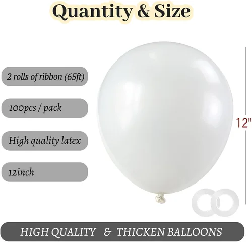 Miniatura 3 de ASIYUHY Paquete de 100 globos blancos de látex de 12 pulgadas con 2 rollos de globos de helio para bodas, fiestas de cumpleaños, baby shower