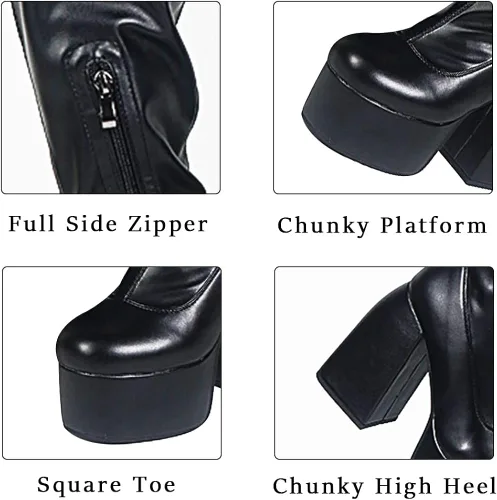 Miniatura 5 de AMINUGAL Womens Over The Knee Boots Platform Chunky Block High Heel Round Toe Zip Tight High Boots Gothic Punk Motorcycle Combat Boots