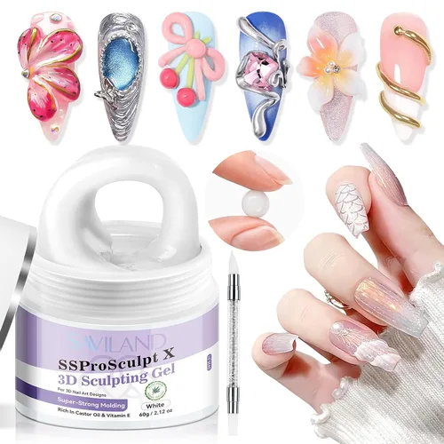 SAVILAND 60 g Gel de uñas 3D: Escultura de arte de uñas en gel 3D moldeado fuerte Blanco Gel de escultura sin necesidad de limpieza para extensión