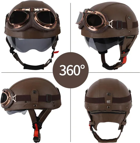 Miniatura 3 de Cascos de Motocicleta de Estilo Alemán, Medio Casco de Cuero Retro, Aprobado por el DOT, para Adultos, Hombres y Mujeres, Casco de Media Cara Marrón