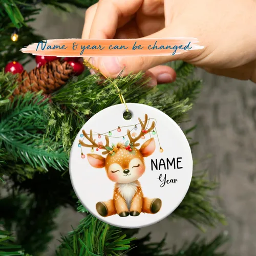 Miniatura 2 de Adorno personalizado de reno para la primera Navidad, adornos de cerámica de reno bebé para árbol de Navidad 2025, adorno de Navidad del primer