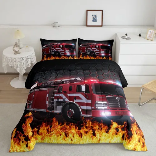 Miniatura 25 de Erosebridal Juego de edredón de camión de bomberos para niños, juego de ropa de cama de panal rojo brillante con diseño de panal de abeja