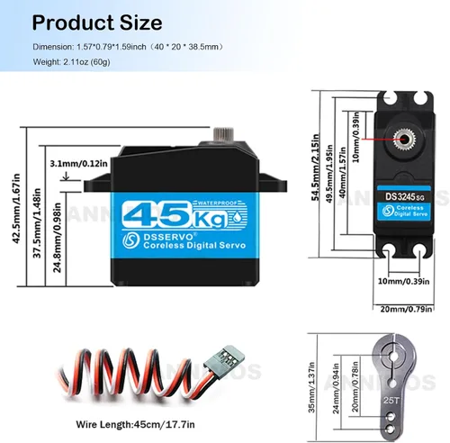Miniatura 5 de Servomotores de dirección RC sin núcleo de 45KG de alto par de torsión de 8.4 V, engranaje de acero inoxidable, perfil bajo, impermeable