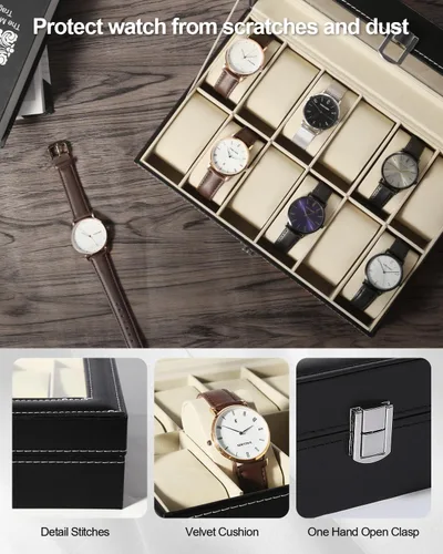 Miniatura 4 de Uten Organizador de relojes, caja de poliuretano con 12 ranuras y tapa de cristal, regalo del día de San Valentín, caja de exhibición de reloj