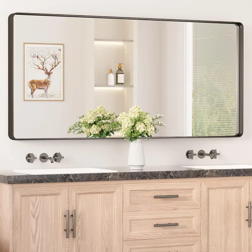 Miniatura 70 de Keonjinn Espejos de baño negros para sobre el fregadero, espejos cuadrados grandes de 36 x 36 pulgadas para pared, espejo rectangular redondeado