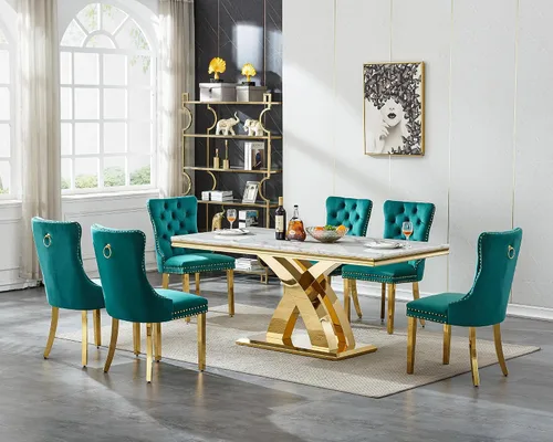Miniatura 15 de Moderno juego de mesa de comedor de mármol para 4, juego de mesa de comedor de lujo para 4, mesa de comedor de mármol sintético de 68 pulgadas