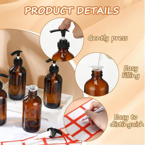 Miniatura 3 de Tanlade 24 botellas de bomba de vidrio de 8 onzas, botella vacía, dispensador de jabón de vidrio con bomba, recipientes recargables y embudos