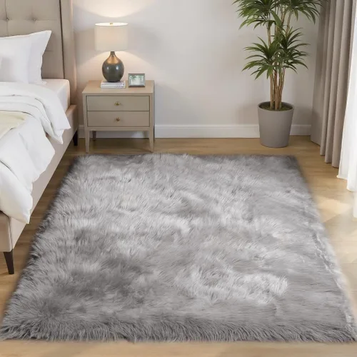 Goolela Alfombra esponjosa de piel sintética de oveja sintética de 4 x 6 pies, color gris, para dormitorio, mesita de noche, alfombra suave de felpa