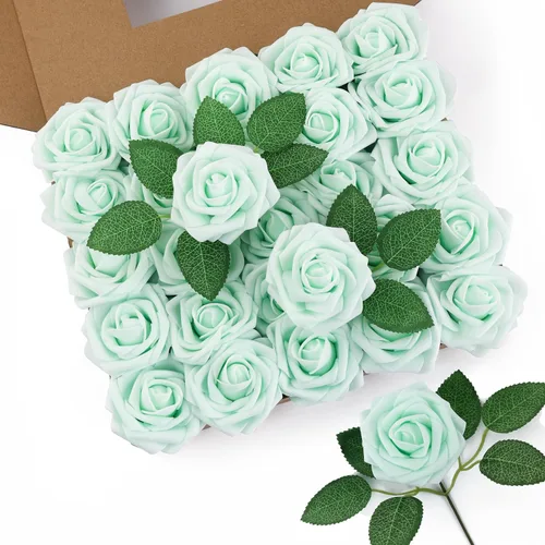 Miniatura 41 de DuHouse 25 rosas artificiales con tallos, flores de espuma de tacto real para bricolaje, ramo de boda, centro de mesa, arreglo floral, fiesta, Verde