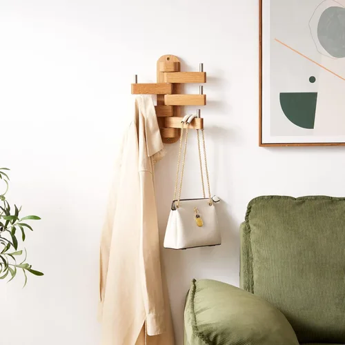 Miniatura 7 de Perchero giratorio de roble con ganchos para abrigos, ganchos de pared de madera con 5 brazos plegables giratorios, perchero de pared de 30 cm