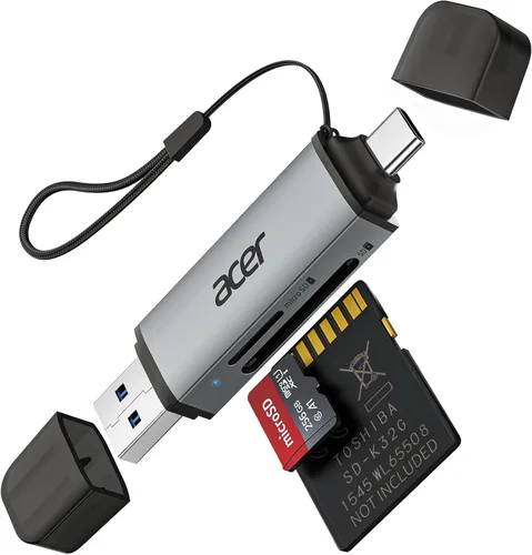 Acer lector de tarjetas SD USB C, adaptador USB 3.0 tipo C a Micro SD de ranuras duales, lector de tarjetas de memoria para MicroSD, SDHC, SDXC, Gris