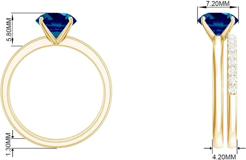 Miniatura 8 de Juego de anillos de boda solitario de topacio azul Londres de 2 quilates con moissanita, topacio y moissanita, juego de anillos de novia de topacio