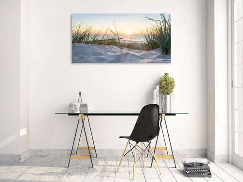 Miniatura 4 de Lienzo de playa al atardecer para pared, dunas de arena costeras con imagen de hierba de playa, paisaje natural del océano, arte moderno de paisaje